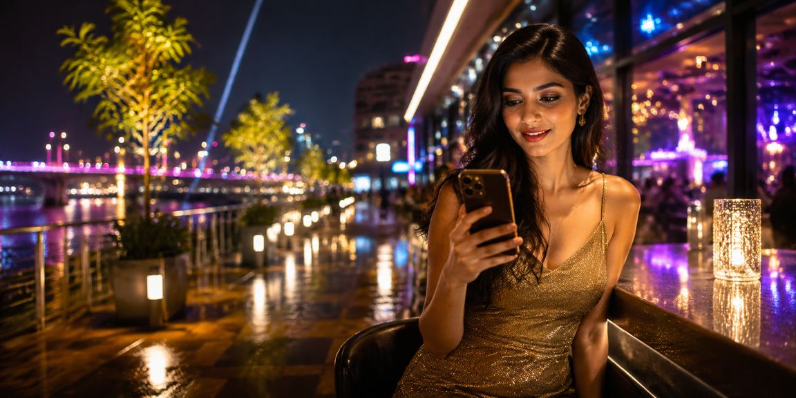 Ahmedabad riverfront scene with neon betting bonus highlight